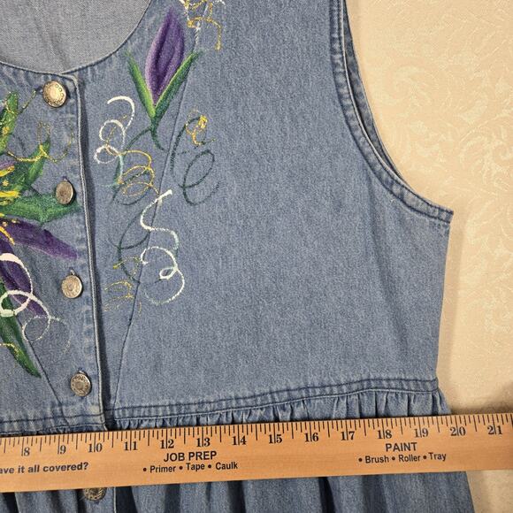 VTG PTNY Denim Jean Midi Dress Jumper XL Blue Cotton Sleeveless Painted Design - Picture 14 of 16